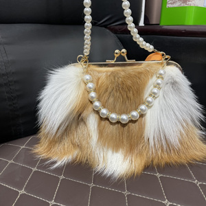 Elegante <span class=keywords><strong>Borsa</strong></span> Clutch in Vera Pelliccia di Volpe <span class=keywords><strong>con</strong></span> Manico in Perle, Lussuosa Pochette da Sera - Product Image 6