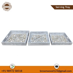 Precio de fábrica MDF Rectangular tallado a mano bandeja de servicio Juego de 3 bandejas de madera hechas a mano para servir y decoración Uso Calidad Premium - Product Image 2