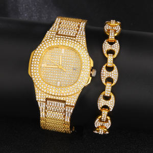 Iced Out ชุดของขวัญนาฬิกา,ชุดเครื่องประดับสร้อยข้อมือสร้อยคอคิวบาสร้อยข้อมือนาฬิกาผู้ชายสีทองของขวัญวันหยุดนาฬิกาข้อมือ Reloj - Product Image 4