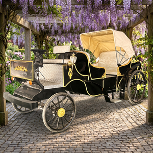 Charrette de tourisme électrique noire et or avec auvent beige, chariot de balade vintage classique à quatre roues sans chevaux pour mariages et parcs - Product Image 1