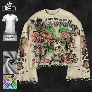 Maglietta Termica Personalizzata Stile Vintage Effetto Consumato a Manica Lunga con Grande Grafica Logo Stampata in DTG, Felpa a Nido d'Ape con Strappi per Uomo - Product Image 1