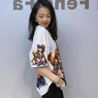 Kaos Wanita LFF-7812/Cross-border Kerah Lebar Lengan Pendek Katun Poliester Musim Panas Fashion Korea Berhias Manik-Manik