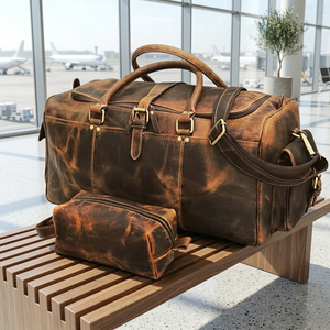 Bolsa de Viaje Vintage Hecha en India, de Cuero Genuino, con Cierre, Bordada, Correa Ajustable, Ligera, Duradera y de Gran Capacidad - Product Image 1