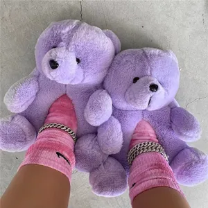 Pantufa de urso de pelúcia para mulheres e meninas, chinelos fofos de urso de pelúcia para casa