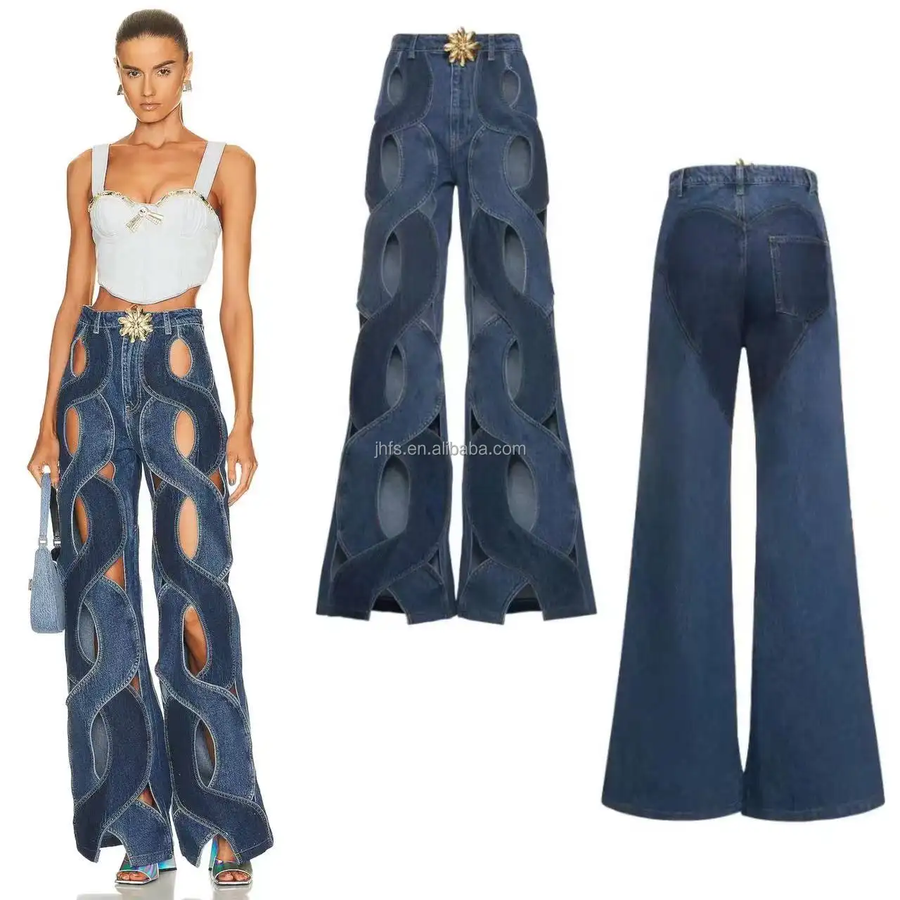 J&H summer 2023 chic hollow out cross strap jeans high waist patchwork wide leg jeans for women fashion casual denim pants