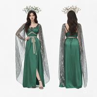 Robe longue de soirée féminine pour Halloween, style Renaissance, avec cape en maille à sequins verts et coiffe à cornes, pour cosplay de fée elfe fantastique