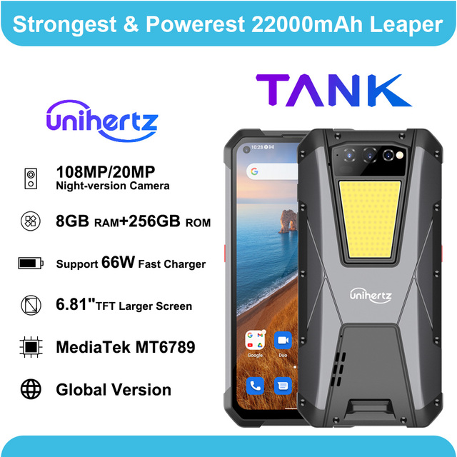 Unihertz TANK Rugged Night Vision Smartphone, Cell Phone, 22000 MAh, 8GB, 256GB, 108M Camera, 66W PD, Helio G99 Mobile Phone