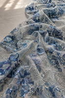 Tissu en maille tricotée brodé de sequins floraux bleus, tulle vintage à fleurs pour robe de soirée et robe de mariée pour filles