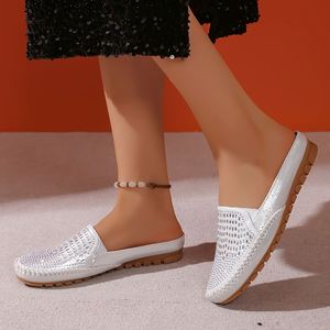 2026 White &Rose Gold Rhinestone Mule Ladies Slippers,Comfortable Flat Open Back Loafers, Slip-on Casual <b>Shoes</b> - Product Image 3