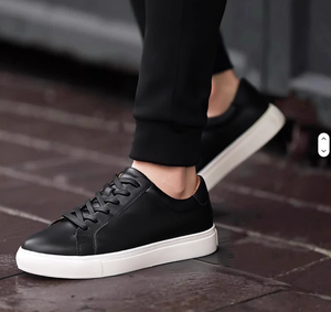 Black Genuine <b>Leather</b> Lace-up <b>Sneakers</b> Round Toe Rubber Outsole EVA Midsole All Seasons Style - Product Image 1