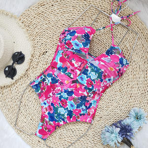 Maillot de bain une pièce Rose rouge fleuri avec bretelles ras-du-cou et jupe, tenue de plage dos nu, nouvelle collection <span class=keywords><strong>2022</strong></span> - Product Image 5