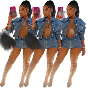 Giacca e pantaloncini in jeans primavera Set due pezzi di jeans per donna Streetwear donna Set <span class=keywords><strong>Denim</strong></span> - Product Image 1