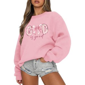 Sweat-shirt chrétien God Is Good pour femme, coupe oversize, motif nœud, graphique religieux, rose, col rond - Product Image 1