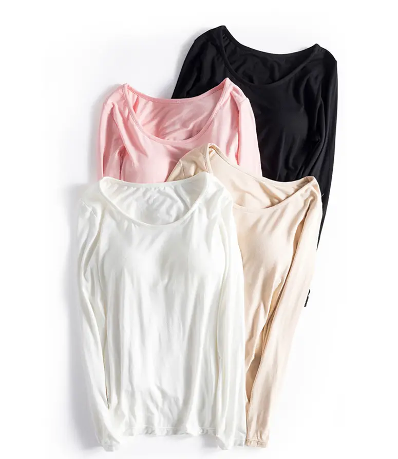 महिलाओं की लंबी आस्तीन टी शर्ट गद्देदार पायजामा महिलाओं सेक्सी नाइटवियर टीशर्ट सादे दौर गर्दन उच्च गुणवत्ता मोडल कपास गद्देदार टी शर्ट