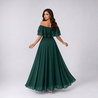 Robe longue trapèze élégante en mousseline unie pour femme grande taille, avec double volant aux épaules, taille élastique, froncée, fluide, fermeture éclair, idéale pour les soirées