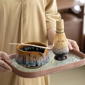 Ensemble traditionnel de théière japonaise en céramique avec support à cuillères en bambou et outils pour le matcha - 4 pièces - Product Image 1
