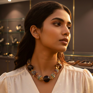 Women's Fashion Gold-Plated Beaded Gemstone <b>Statement</b> <b>Necklace</b> with Diamond Geometric Link Chain Jewelry - Product Image 4