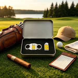 Couteau à cigares de luxe en acier inoxydable Damas avec coupe-cigares à ciseaux à arrêt de sécurité, ouvre-bouteille, marqueur de balle de golf en V, et coffret cadeau - Product Image 1