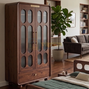 Vintage Walnut Wood Wardrobe with Arched Glass Panel Doors and Drawer Elegant Bedroom Storage <b>Cabinet</b> with <b>Retro</b> Modern Designs - Product Image 3