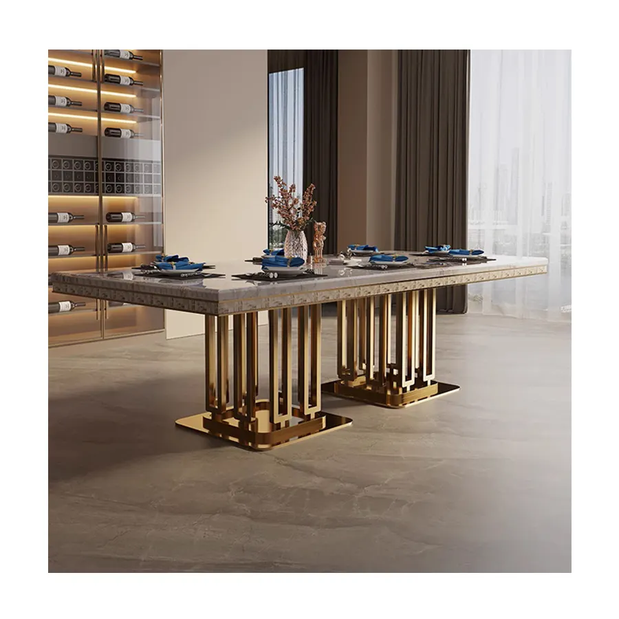 Mesa de jantar leve luxo conjunto moderno minimalista doméstico aço inoxidável ardósia mesa de jantar mármore dourado