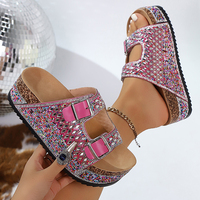 Sandales compensées pour femmes et jeunes filles, style mode, à strass, à enfiler, à double boucle, pour l'été et l'extérieur, avec tige en PU et semelle extérieure en liège