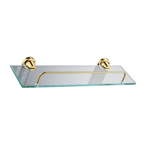 Étagère murale moderne en verre avec barre porte-serviettes dorée, accessoire de salle de bain rectangulaire - Product Image 4
