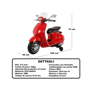 Scooter Vespa à roulettes 12V rouge pour enfants de 3 à 6 ans, jouet électrique avec musique et lumières, plastique, trois roues, Italie - Product Image 3