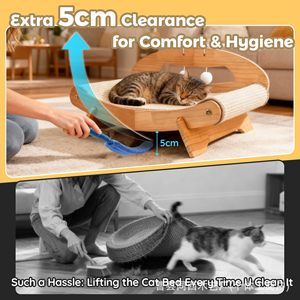 Cat <b>Bed</b> With Scratching <b>Pad</b> Semi Circle Wooden Pet Furniture For Cats With Toys And Washable Mat - Product Image 3
