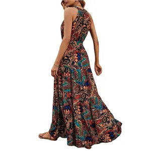 European and American women's Express summer new fashion high-waisted vintage print dress
