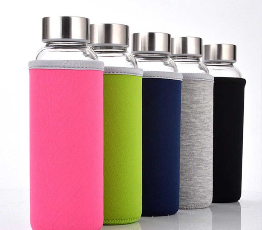 KC-08632 Stylish Glass Water Bottle with black Nylon Sleeve Portable Drinking Bottles