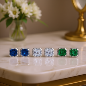 Orecchini a perno E671 con zaffiro taglio Asscher, montatura a castone, quadrati, classici, gioielli raffinati unisex - Product Image 2