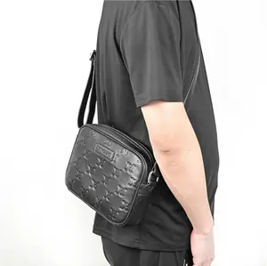 custom luxury debossed logo mens black genuine real cowhide leather shoulder cross body messenger bag for men