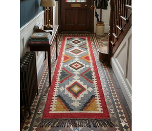 Geometric Tribal Kilim <b>Runner</b> <b>Rug</b> | Handmade Southwestern Wool Jute Boho Carpet <b>for</b> Farmhouse Hallway Home Decor Flooring - Product Image 1