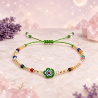 Gelang Manik Go2boho Berhias Bunga Warna-warni, Lapis Emas, Tali Hijau yang Dapat Disesuaikan, Perhiasan Bohemian untuk Wanita