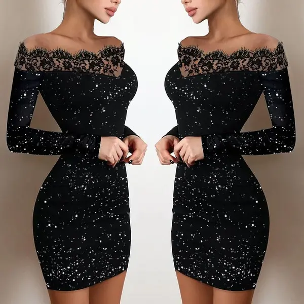 Spring Long-sleeved Womens Vintage Off Shoulder Silver powder Flare Lace Slim Cocktail Pencil Dress