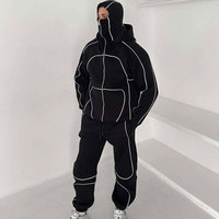 Ensemble de survêtement unisexe réfléchissant, coupe ample, streetwear, personnalisé, épais, avec pantalon de survêtement uni, masque de ski et double sweat à capuche