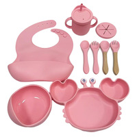 Ensemble d'alimentation pour bébé en silicone, 9 pièces, comprenant des bols à ventouse et des assiettes divisées, un bavoir réglable, des ustensiles, des cuillères et des fourchettes, une tasse