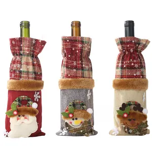 新しいクリスマスデコレーションボトルカバーチェック柄リネンボトルシャンパンワインオーナメントクリエイティブクリスマスボトルバッグ