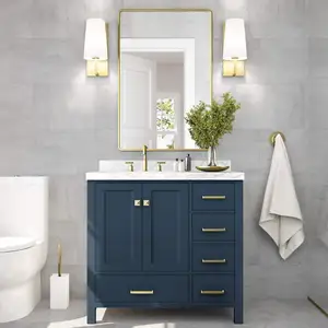 Luxury Navy blue Modern Hotel Bathroom Vanities with Golden iron base Artificial Marble Top Bathroom Vanity Cabinets