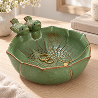 Double Bol Lotus pour Oiseaux en Céramique, Décoration de Jardin, Glacure Verte Vintage, Mangeoire à Oiseaux, Plateau à Bijoux et Objets Décoratifs, Vente en Gros