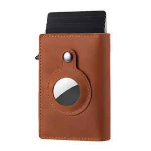 Tarjetero con botón magnético corto para hombre, billetera multifuncional de cuero genuino, rastreador de ubicación, porta tarjetas Airtag, Amazon