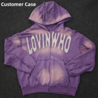 Sweat à capuche zippé personnalisé 500g, style vintage vieilli, avec patch appliqué, délavé à l'acide, épais, orné de strass, pour homme, streetwear