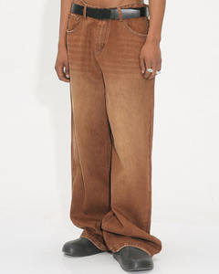 جينز قطني غير رسمي مخصص مغسول ساق واسعة مستقيمة مقاس كبير بنطلون بني مصنع بيع بالجملة دينم فضفاض بحافة سيلفيدج للرجال - Product Image 2