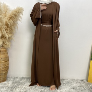 2006+6595# Ramadan 2 Pieces Abaya <b>Set</b> Diamond Cuff Abaya and Sleeveless Inner Dress With Belt Match One Silver Diamond Chain - Product Image 4