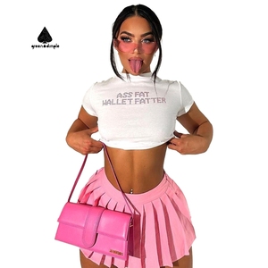 Màu xanh lá cây lúm đồng tiền Rhinestone chữ in T-Shirts thời trang giản dị O Cổ Ngắn Tay Áo Crop Tops mùa hè sexy tee phụ nữ - Product Image 2