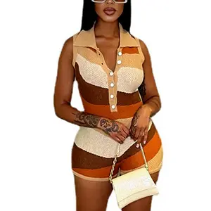 Y208026 Multicolor Print Bodycon Rompertjes Vrouwen Playsuits Zomer Mouwloze Turn-Down Kraag Button Up Casual Playsuit
