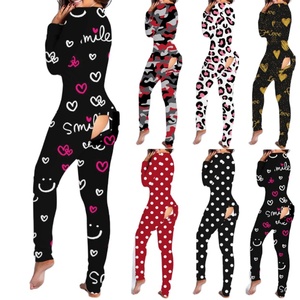 Pantalón largo estampado completo y manga larga vacaciones Navidad ropa <span class=keywords><strong>de</strong></span> dormir Navidad Onesie pijamas con solapa en el trasero para mujer - Product Image 1