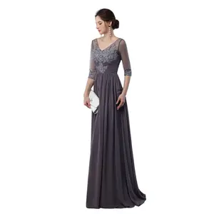Dark Gray Long Evening Dresses Sweetheart Half Sleeves Lace Applique Chiffon Prom Gown Formal Evening Dress Cheap For Sale