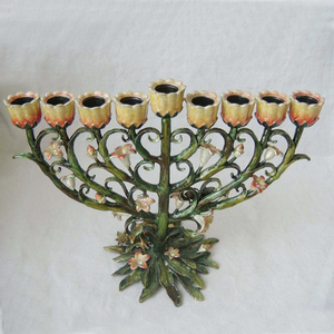 Diseño de flores esmaltadas a mano, Bronce Antiguo, verde y rosa, Metal, aleación de Zinc, nueve ramas <span class=keywords><strong>Menorah</strong></span> - Product Image 5