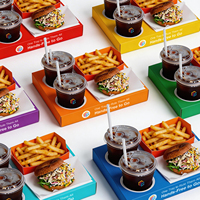Boîte d'emballage pour sandwichs personnalisable avec logo, recyclable, avec plateau intégré pour gobelet à café, finition mate, gaufrage, pour œufs, toasts et chips de pommes de terre